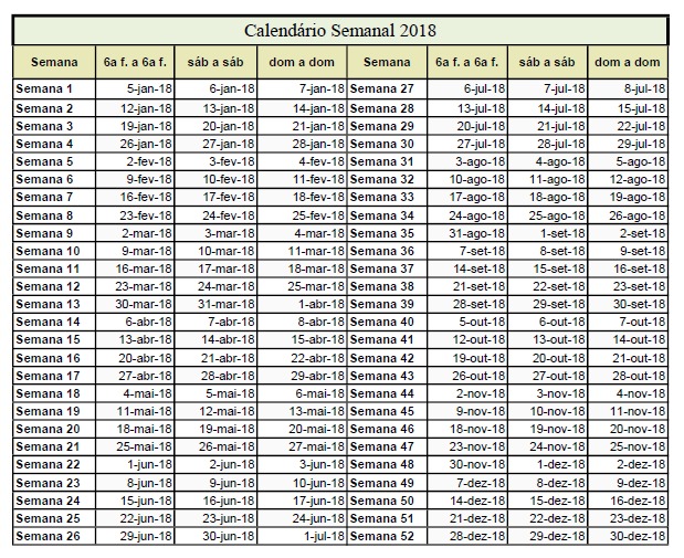 calendario semanal 2018